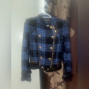 New Balmain Blue and Black Tweed Jacket with leather trim - Size 36 or USA 4